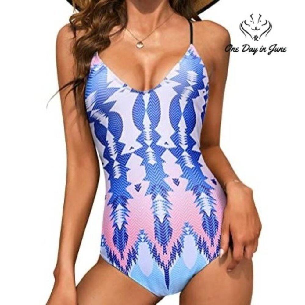 Ekouaer V Neck High Cut One Piece Swimsuit Size M